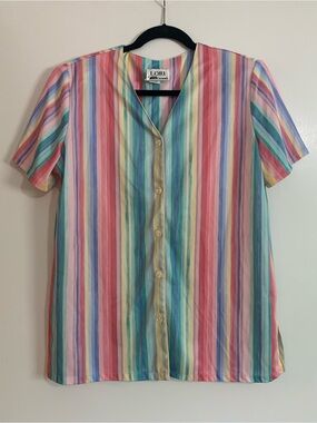 Vintage 1980s Pastel Rainbow Striped Button-Down Blouse “Lori by AM Casuals”